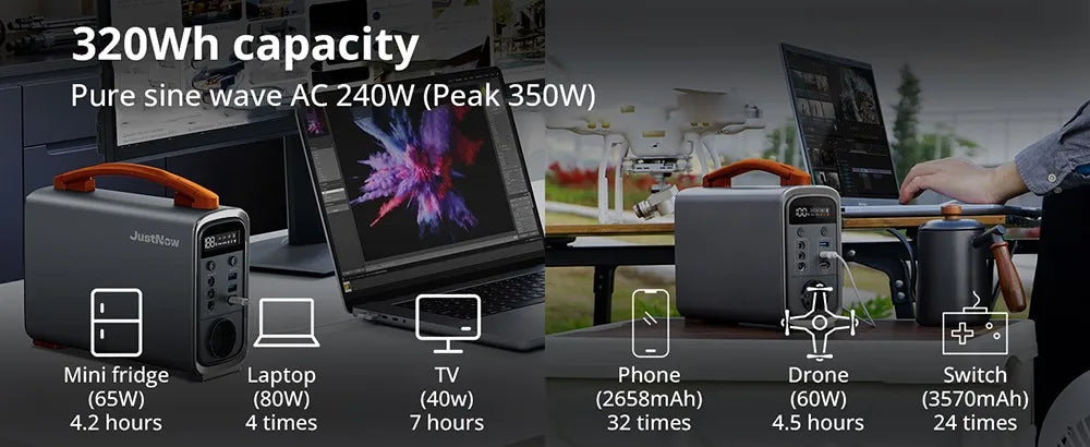 240W Portable Power Station with 320Wh LiFePO4 Battery Solar Generator & PD 60W Fast Charging