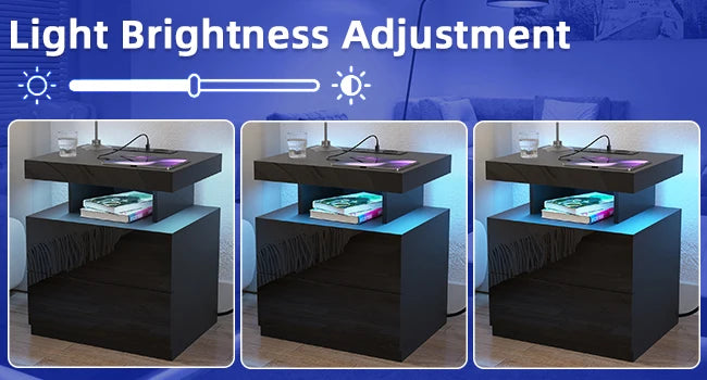 Nightstand with Wireless Charging Station & USB Ports High Gloss with RGB LED