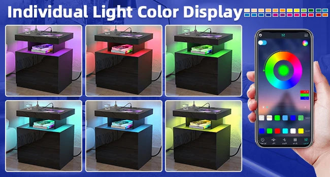 Nightstand with Wireless Charging Station & USB Ports High Gloss with RGB LED