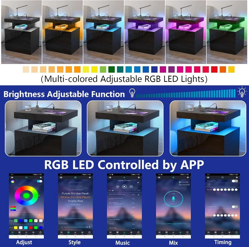 Nightstand with Wireless Charging Station & USB Ports High Gloss with RGB LED