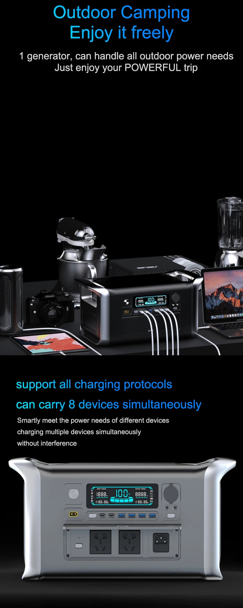 1800W Portable Power Station with a Peak of 3600W & One Hour Fast Charging