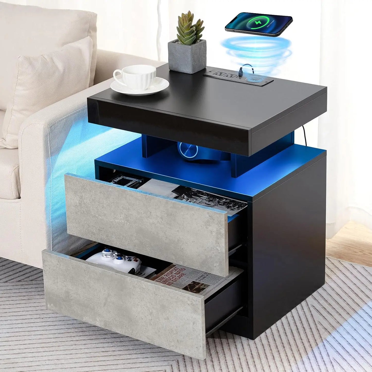 Nightstand with Wireless Charging Station & USB Ports High Gloss with RGB LED