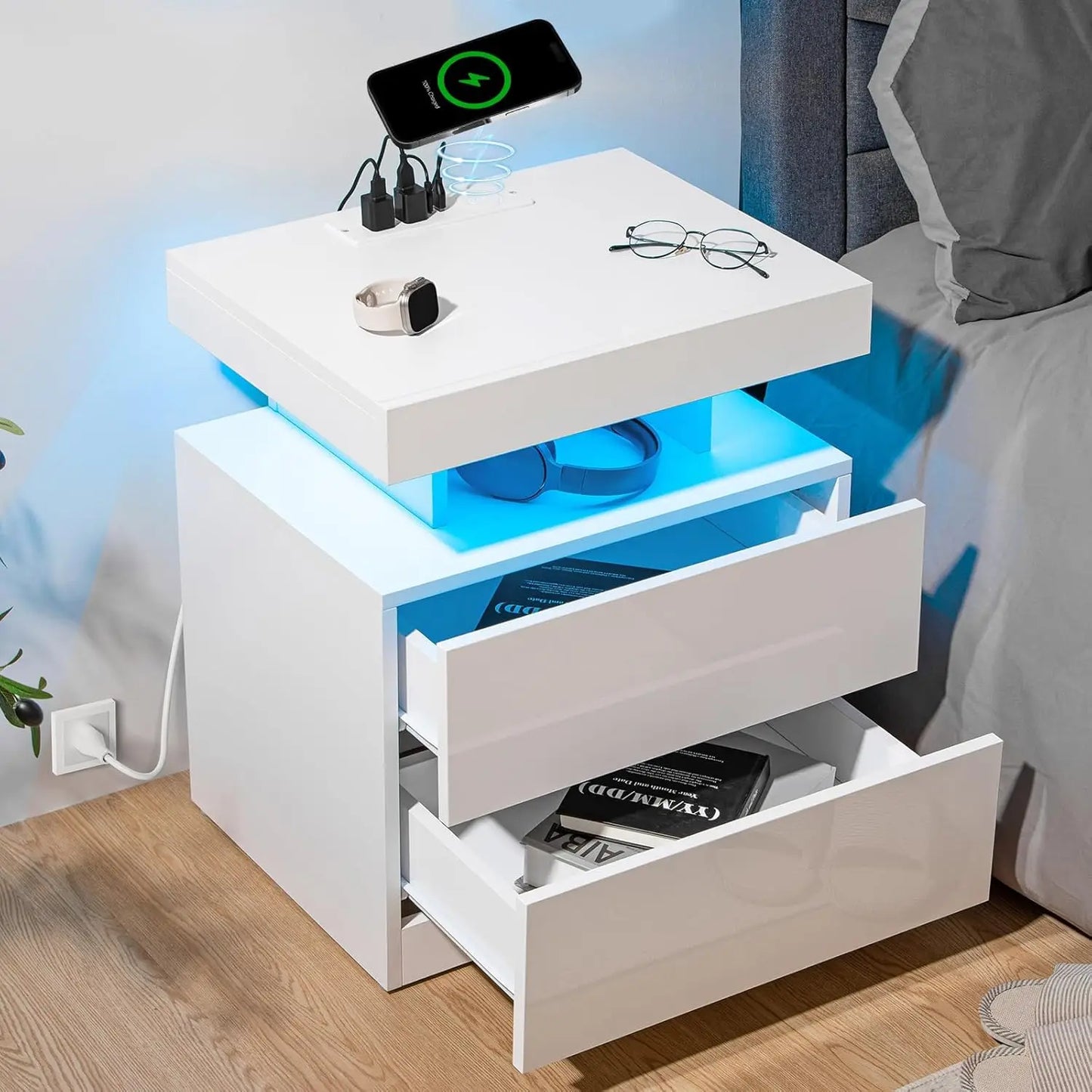 Nightstand with Wireless Charging Station & USB Ports High Gloss with RGB LED