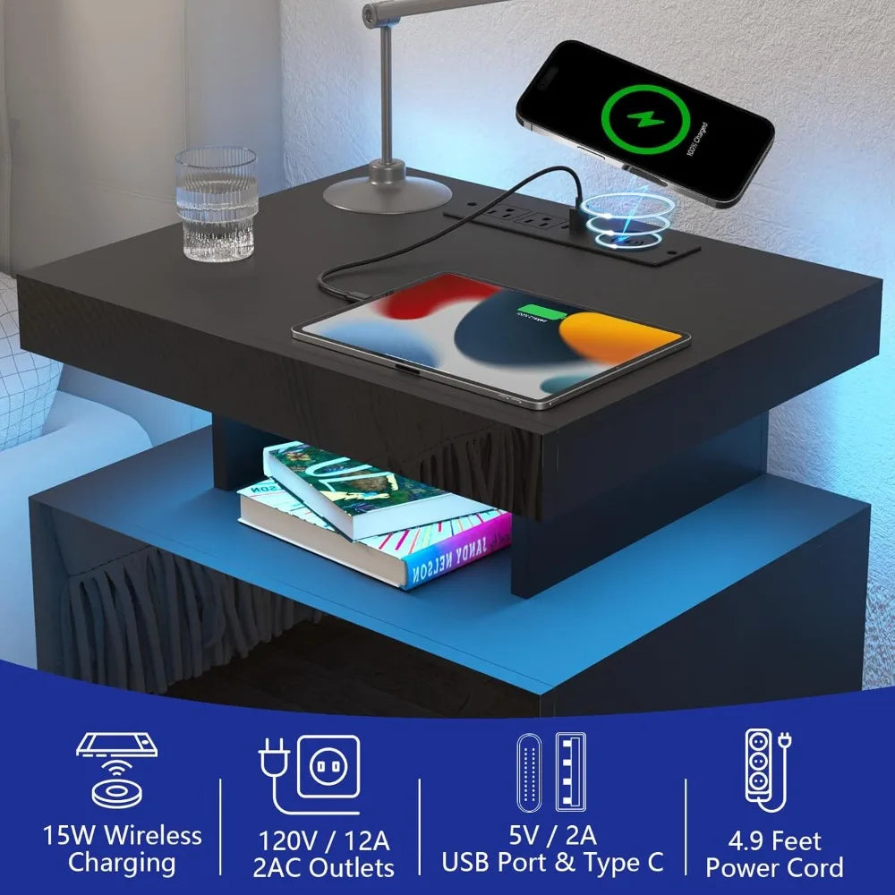 Nightstand with Wireless Charging Station & USB Ports High Gloss with RGB LED