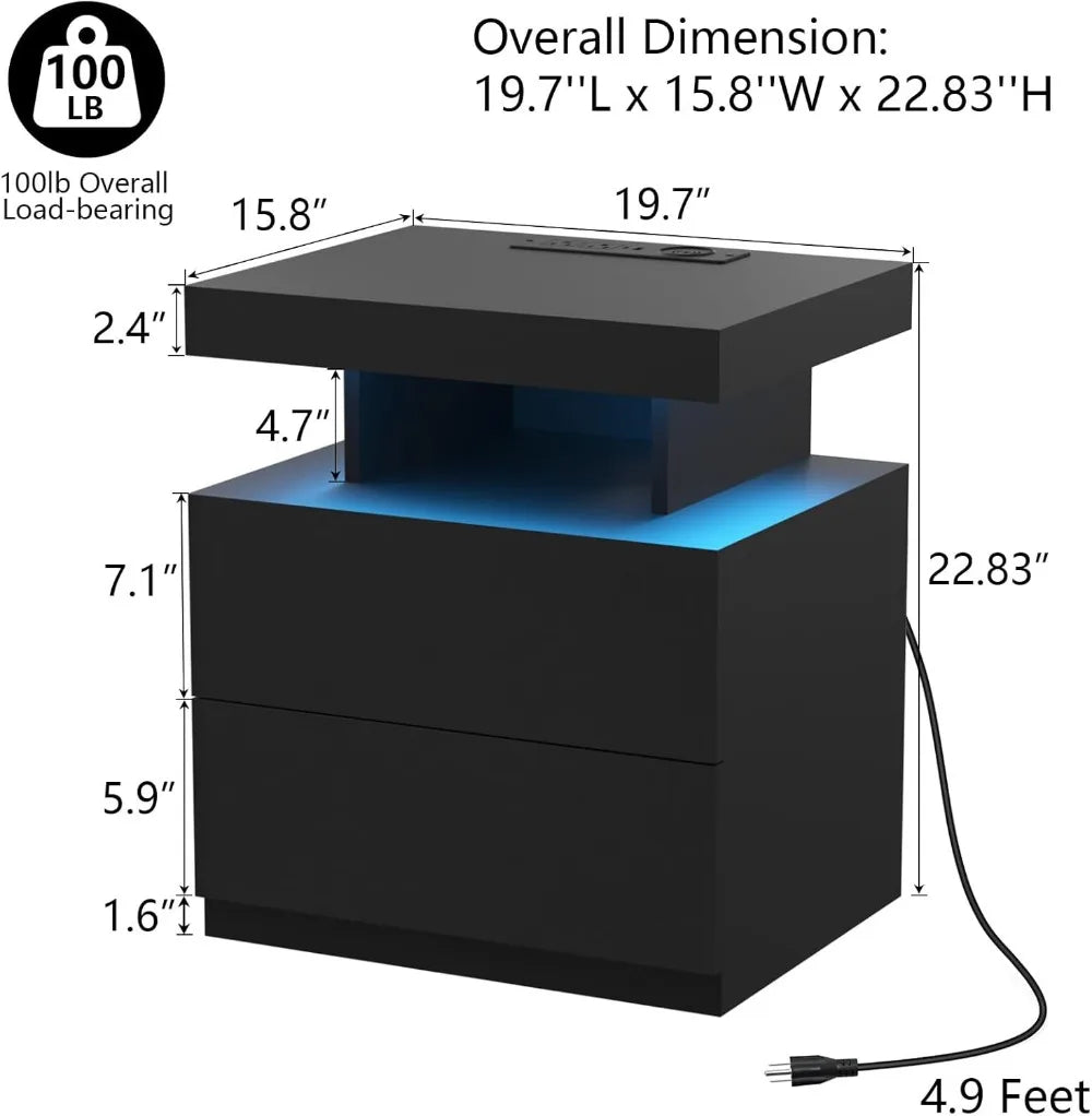Nightstand with Wireless Charging Station & USB Ports High Gloss with RGB LED