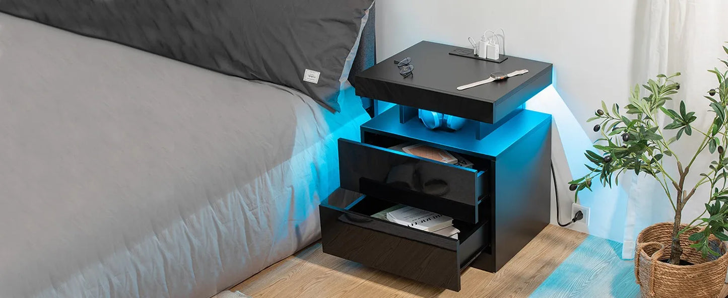 Nightstand with Wireless Charging Station & USB Ports High Gloss with RGB LED