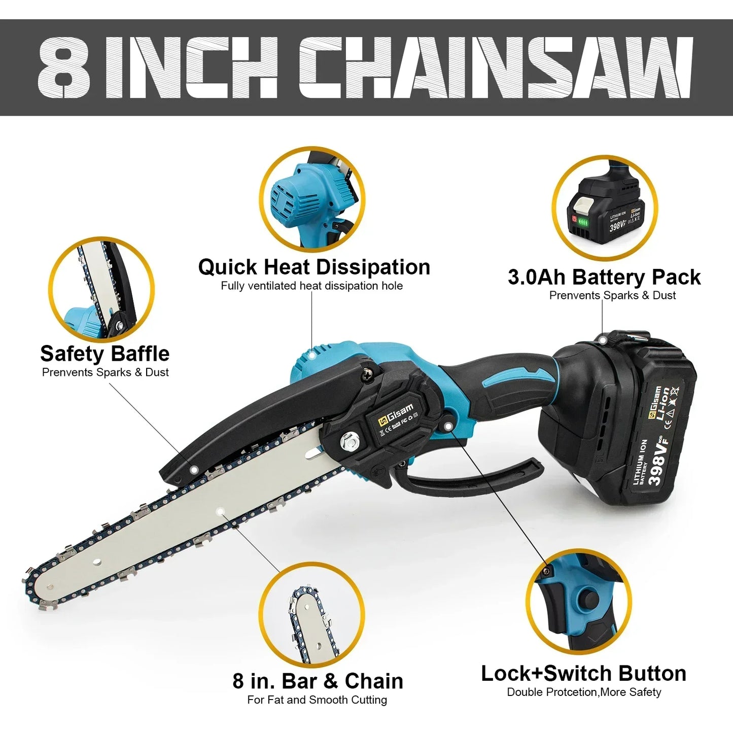 8 Inch Brushless Electric Saw Handheld Portable Chainsaw for Makita 18V Battery