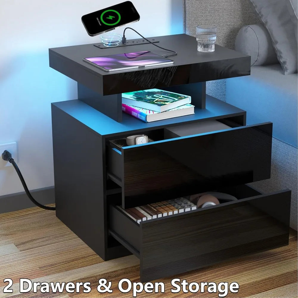 Nightstand with Wireless Charging Station & USB Ports High Gloss with RGB LED