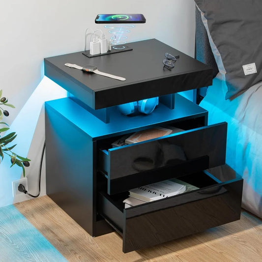 Nightstand with Wireless Charging Station & USB Ports High Gloss with RGB LED